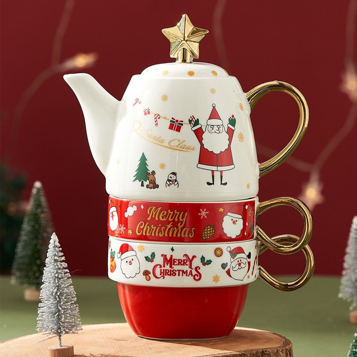 Weihnachts-Geschenkset mit 2 Tassen und einer Teekanne