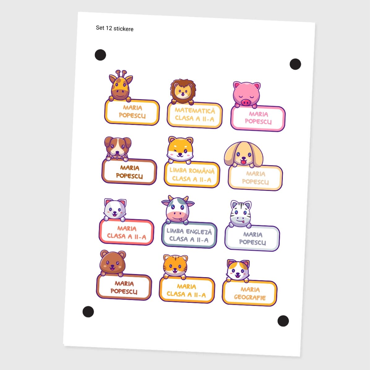 Set mit 12 personalisierten Aufklebern (selbstklebende Etiketten) für die Schule – Tierchen