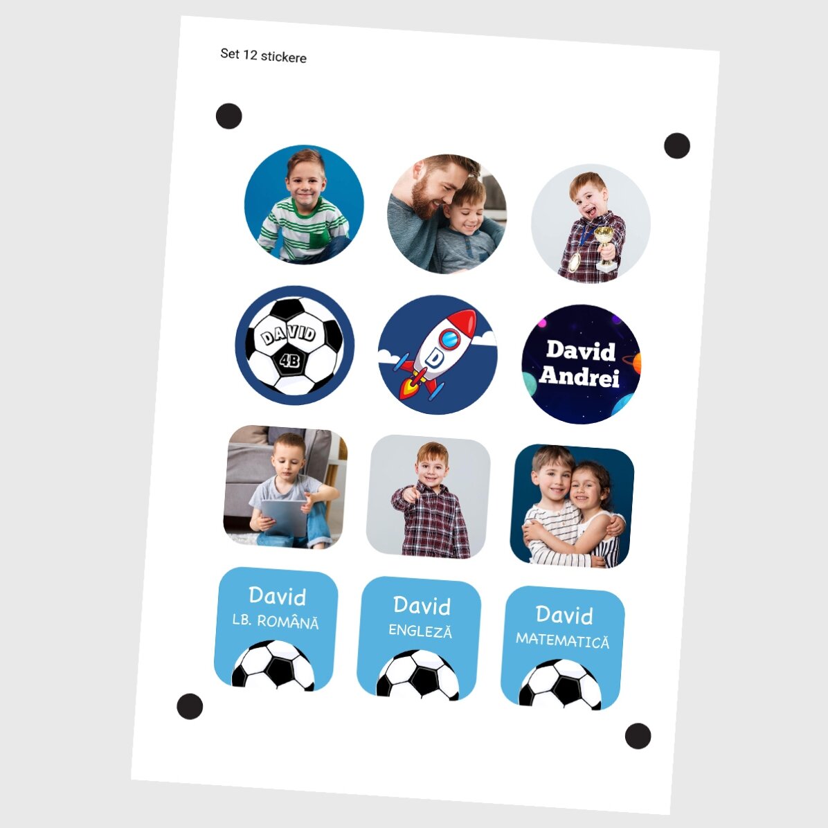 Set mit 12 individuell gestalteten Aufklebern (selbstklebende Etiketten) für die Schule – Jungen