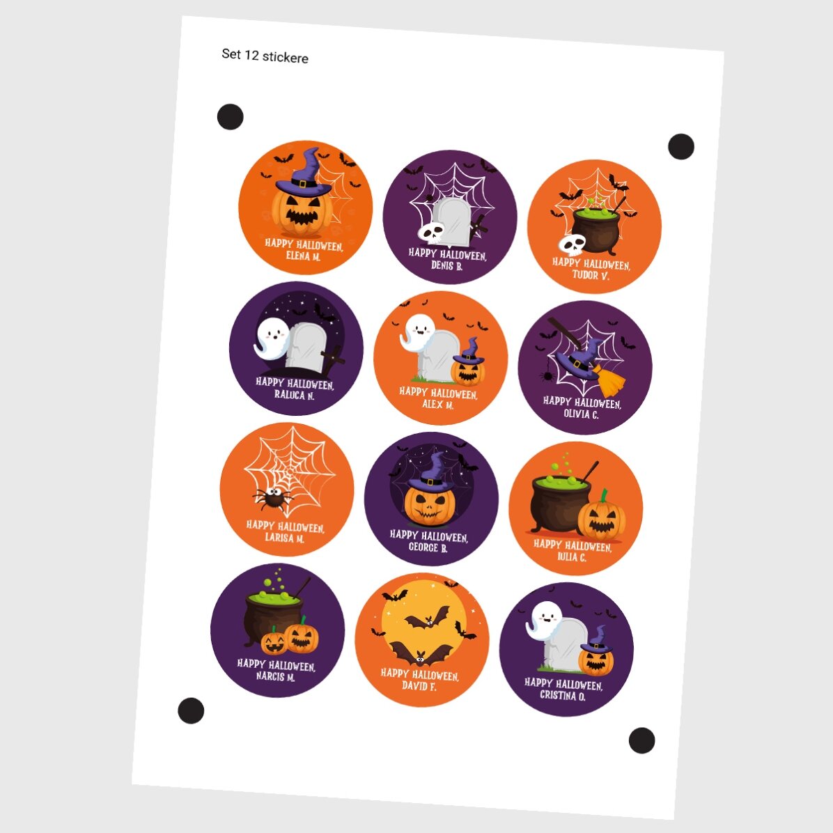 Set mit 12 runden, individuell gestalteten Aufklebern (selbstklebende Etiketten) mit Text – Hallowee