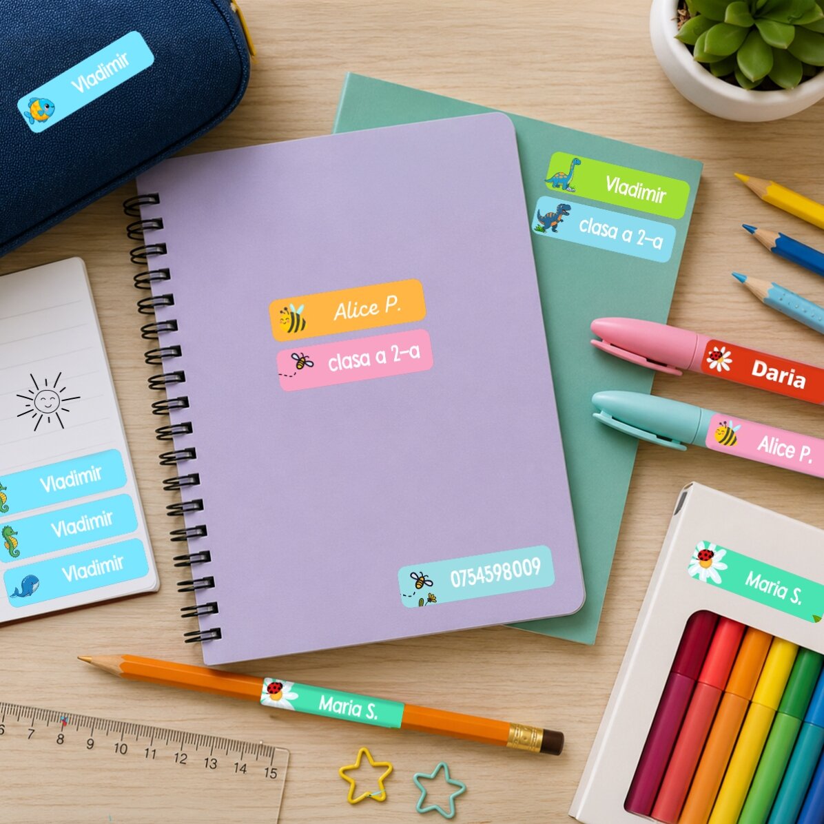 Set mit 36 individuell gestalteten Aufklebern (selbstklebende Etiketten) für den Kindergarten / die 