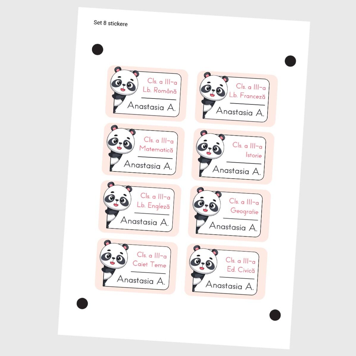 Set mit 8 personalisierten Aufklebern (selbstklebende Etiketten) für die Schule – Panda
