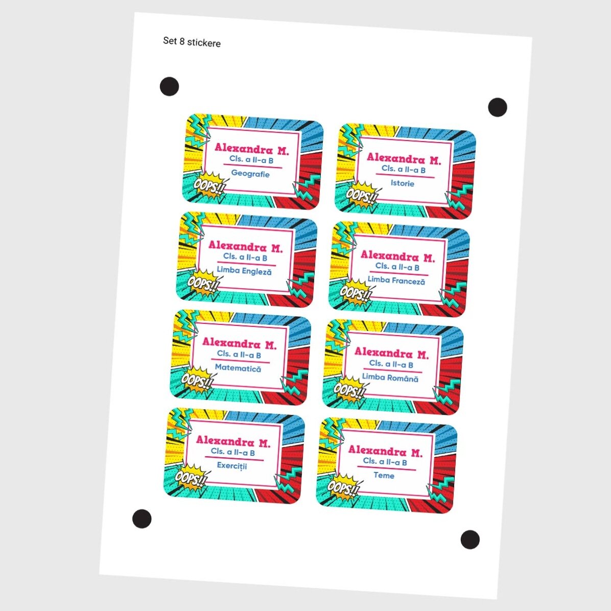 Set mit 8 individuell gestalteten Aufklebern (selbstklebende Etiketten) mit Text – Comics