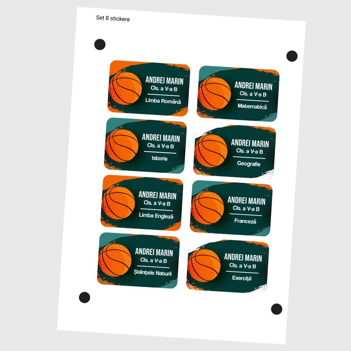 Set mit 8 personalisierten Aufklebern (selbstklebende Etiketten) für die Schule – Basketball