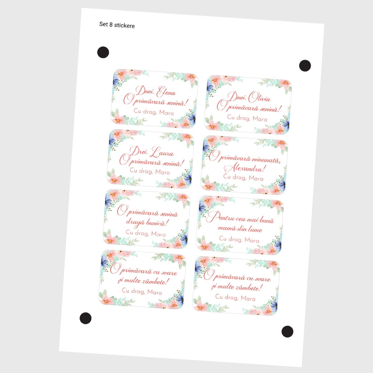 Set mit 8 individuell gestalteten Aufklebern (selbstklebende Etiketten) mit Botschaften – Floral