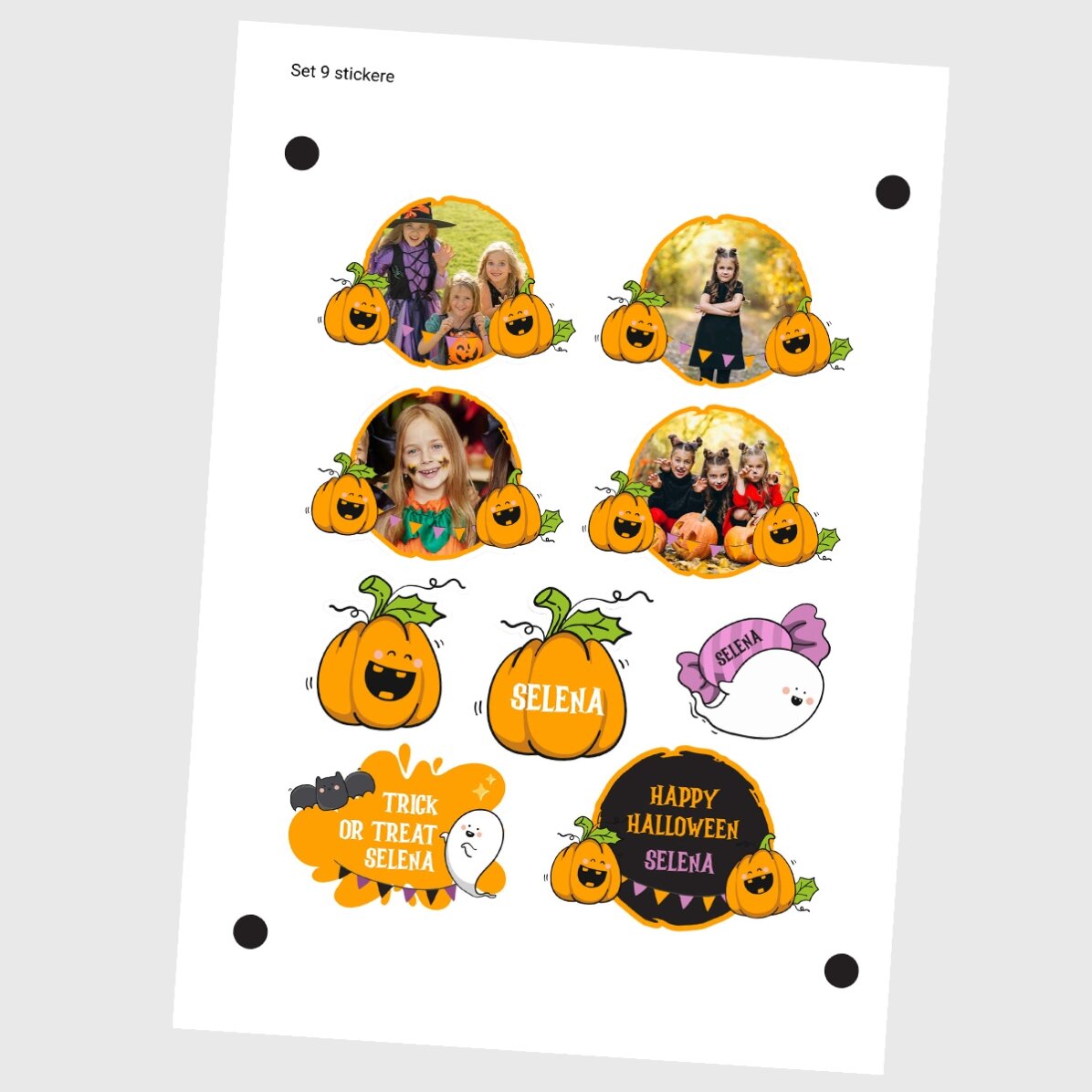 Set mit individuell gestalteten Aufklebern (selbstklebende Etiketten) mit Bildern und Text – Hallowe