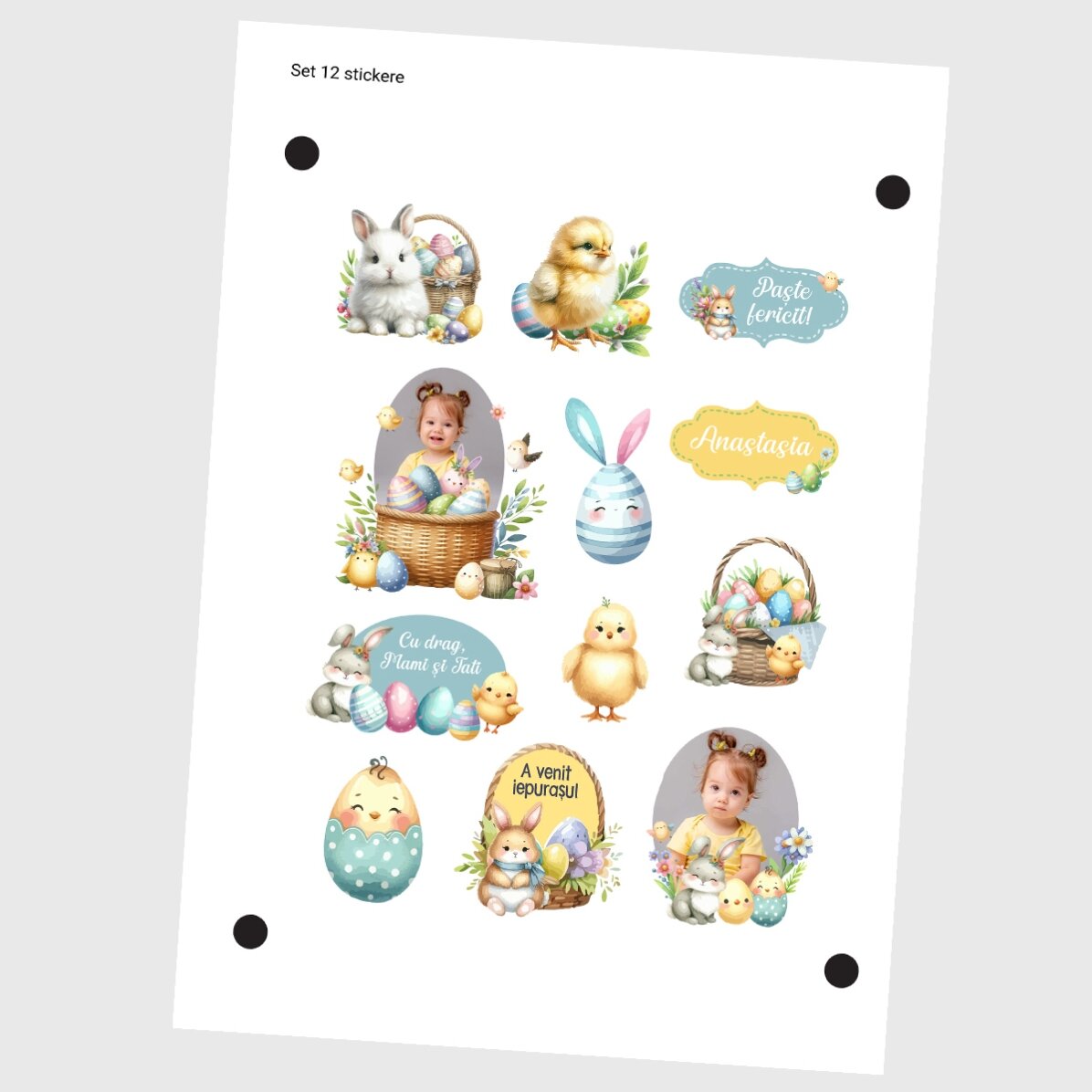 Set mit personalisierten Aufklebern (selbstklebende Etiketten) mit Fotos und Text – Frohes Osterfest