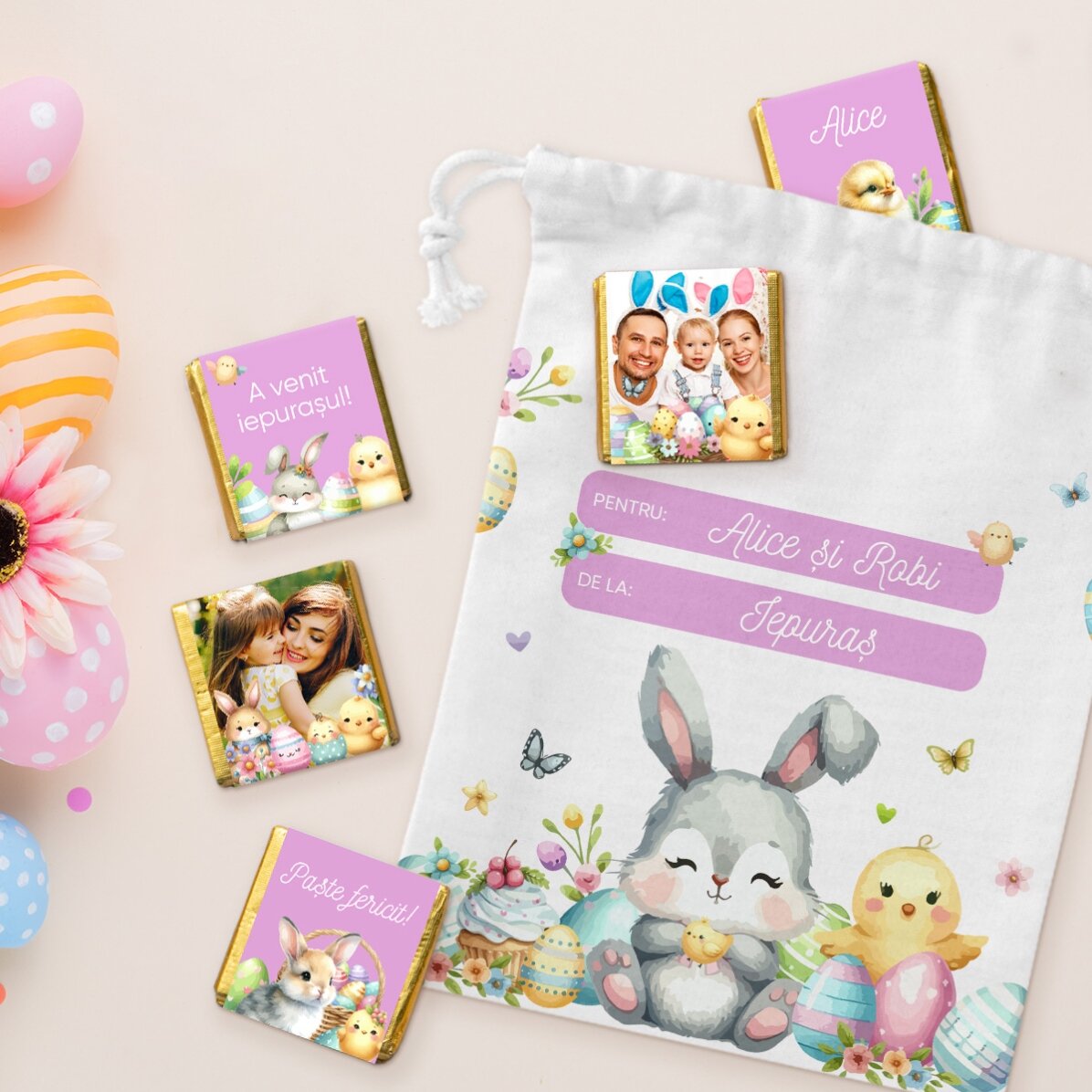 Individuelles Set – Tütchen und 5 Mini-Pralinen – Vom Hasen
