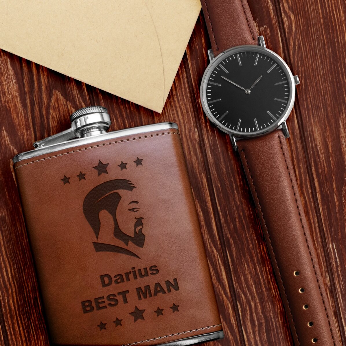 Personalisierte, mit Leder ummantelte Taschenflasche – Trauzeuge