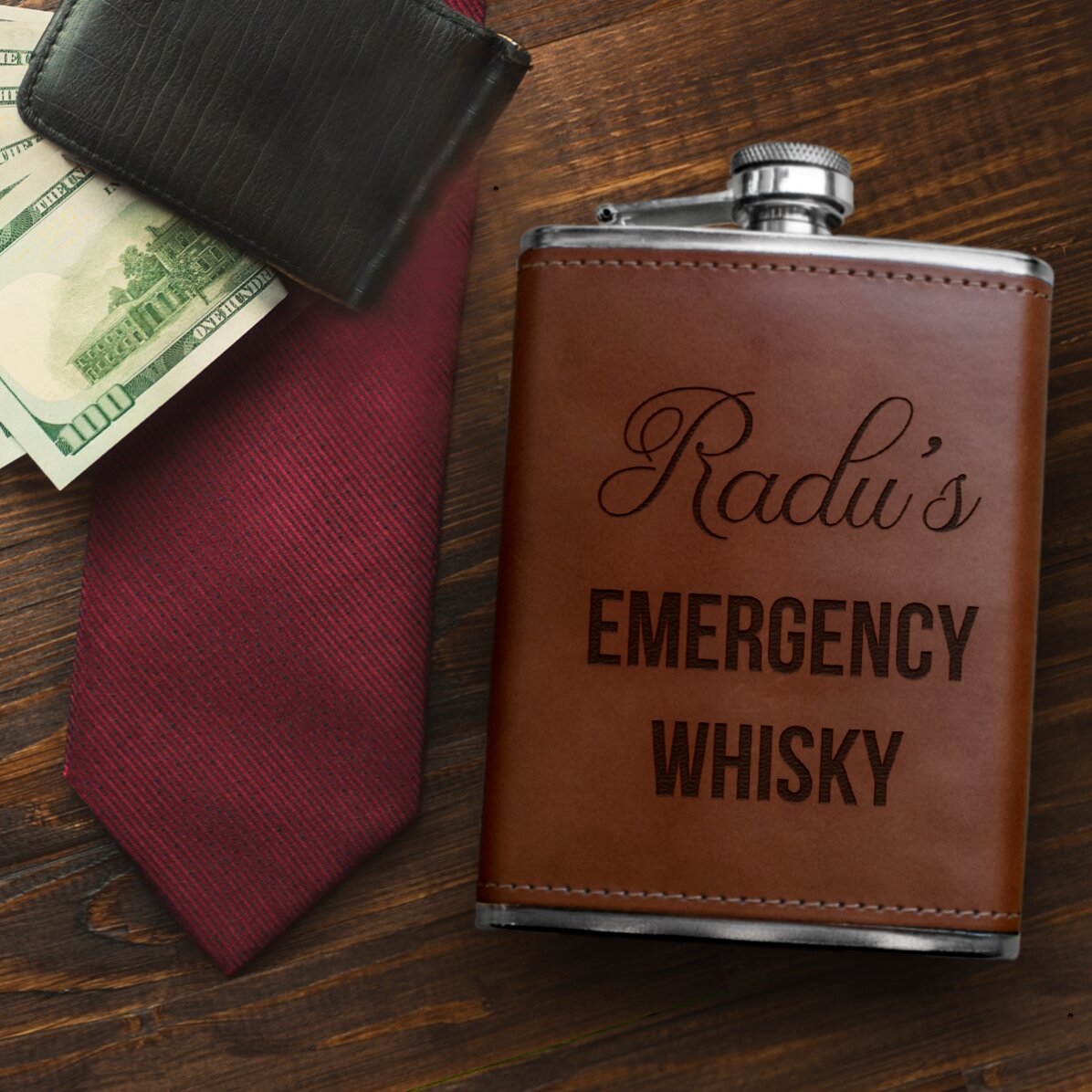 Personalisierte, mit Leder ummantelte Taschenflasche – Emergency Tequila
