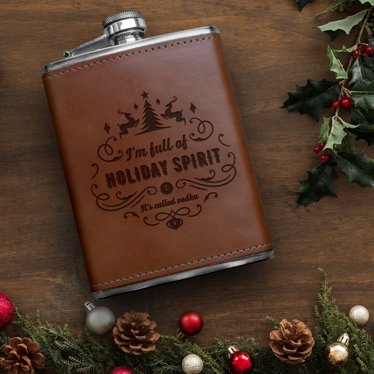 Personalisierte, mit Leder ummantelte Taschenflasche – Holiday Spirit