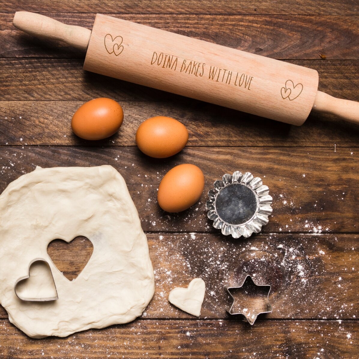 Individuell gestalteter Holz-Teigroller – Bake with love