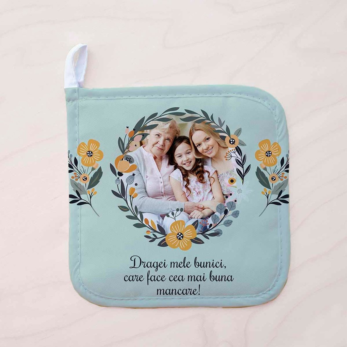 Individuell gestalteter Untersetzer für heiße Töpfe mit Foto und Text – Blumenmotiv