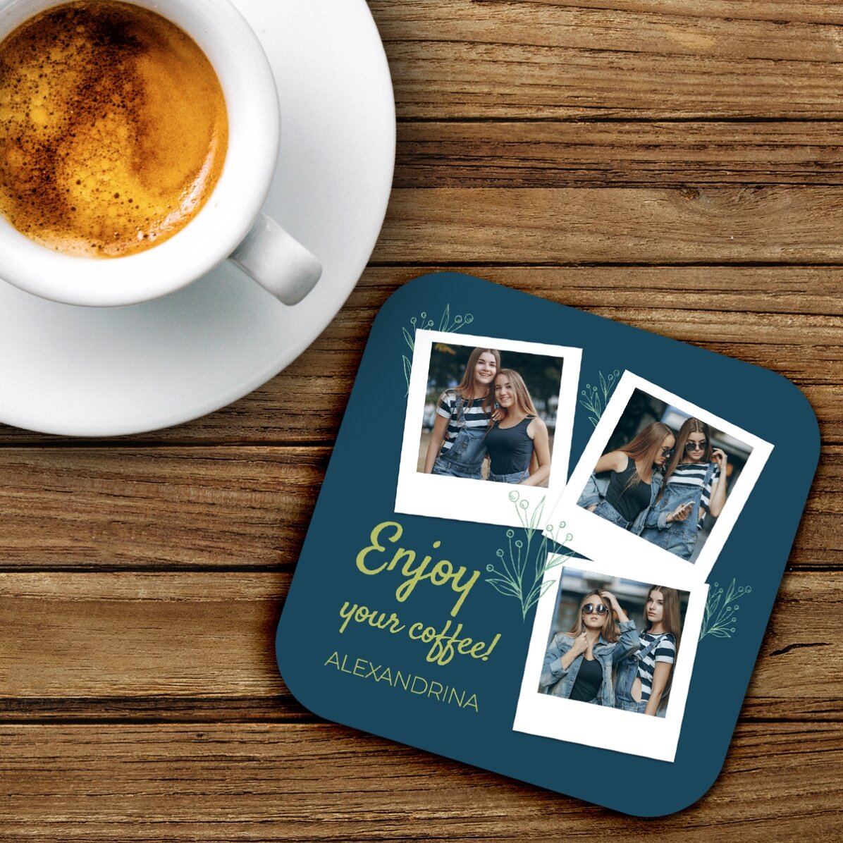 Personalisierter Untersetzer mit 3 Fotos und Text – Enjoy your coffee