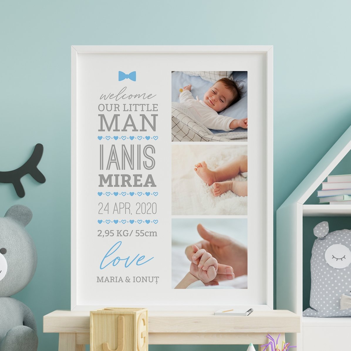 Individuell gestaltetes Bild mit Text und 3 Fotos – Hello, baby (Junge)