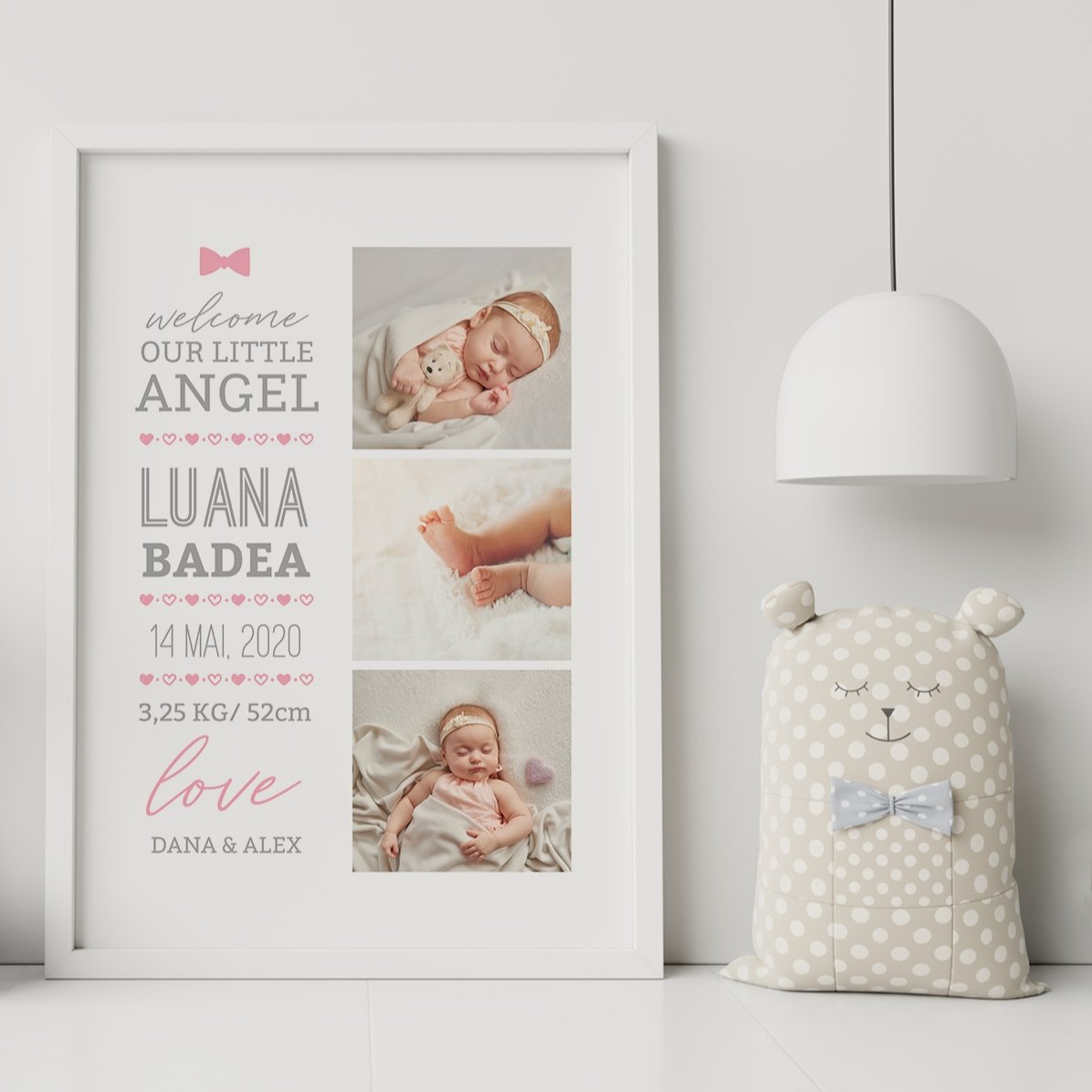 Personalisiertes Bild mit Text und 3 Fotos – Hello, baby (Mädchen)