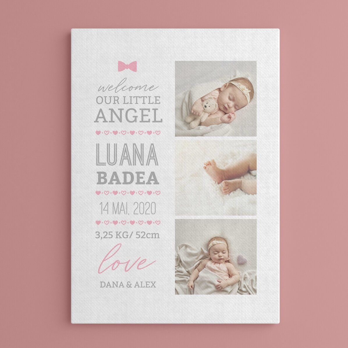 Personalisiertes Bild mit Text und 3 Fotos – Hello, baby (Mädchen)