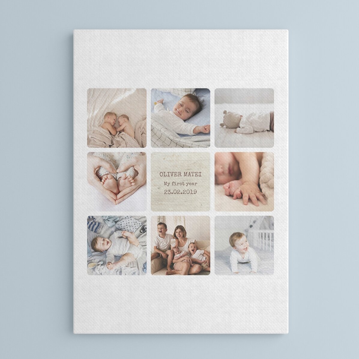Individuell gestaltetes Bild mit Text und 8 Fotos – Das erste Lebensjahr des Babys