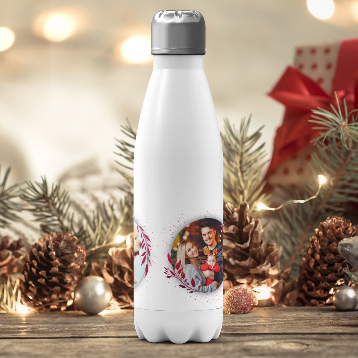 Personalisierte Thermoskanne mit weißem Boden und 3 Fotos – White Christmas