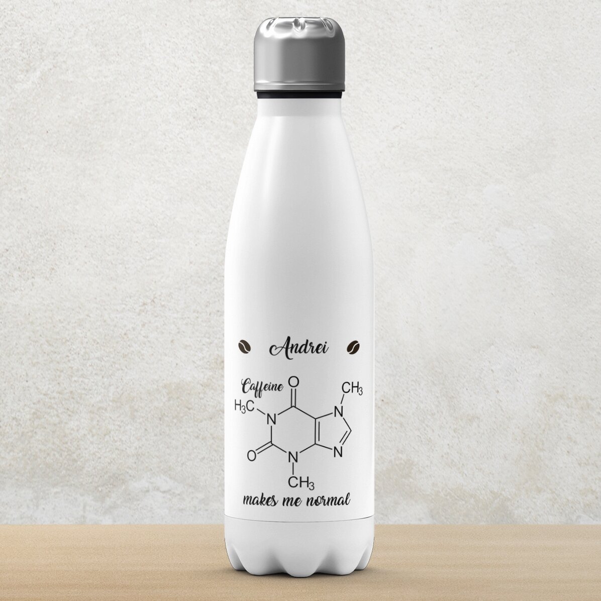 Thermoskanne mit weißem Boden, individuell mit Namen bedruckt – Chemistry