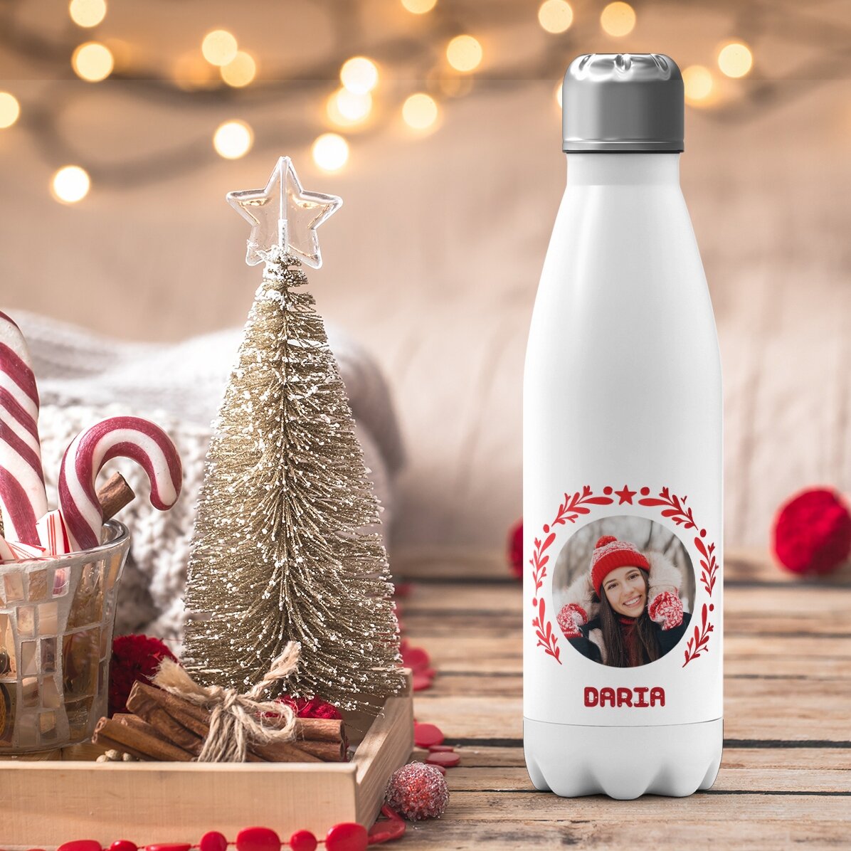 Thermoskanne mit weißem Boden, individuell gestaltet mit Foto und Text – Weihnachtsmodell