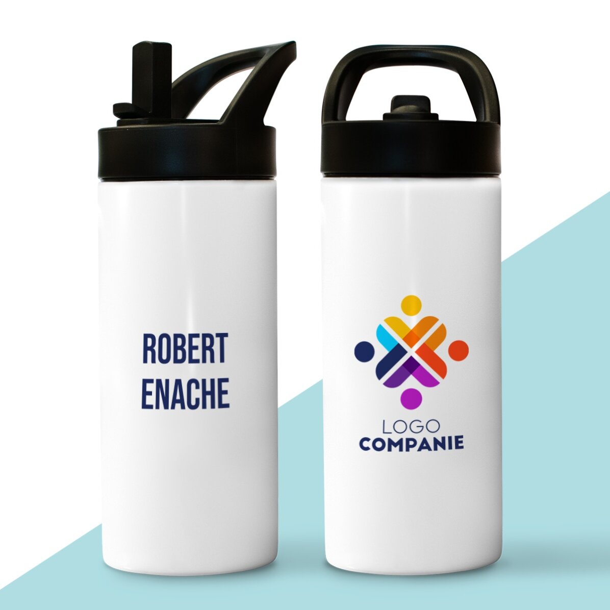 Thermoskanne mit Griff und Strohhalm, individuell gestaltet mit Logo und Namen