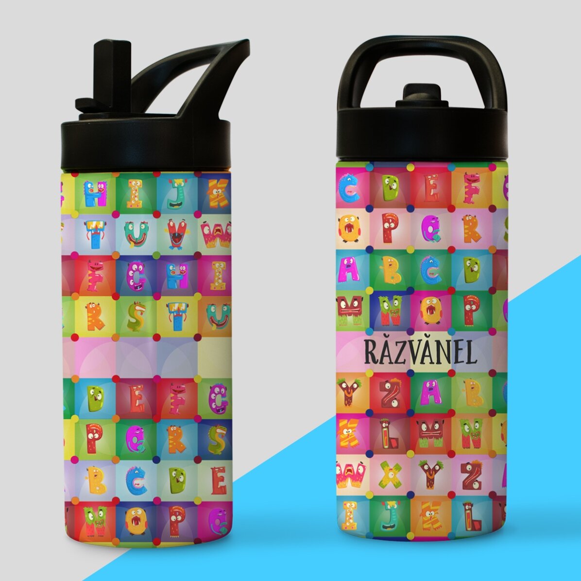 Thermosflasche mit Griff und personalisiertem Strohhalm mit Namen – Alphabet