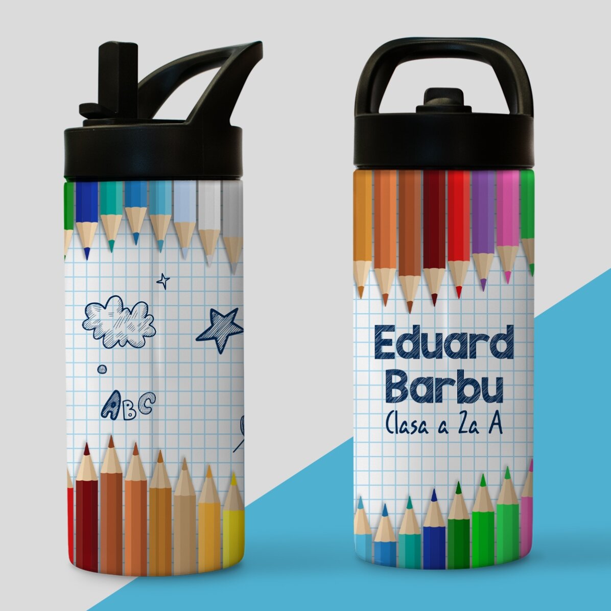 Thermosflasche mit Griff und personalisiertem Strohhalm mit Namen – Buntstifte