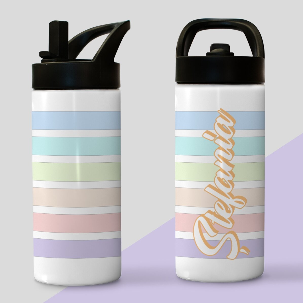 Thermosflasche mit Griff und personalisiertem Strohhalm – Bunte Streifen