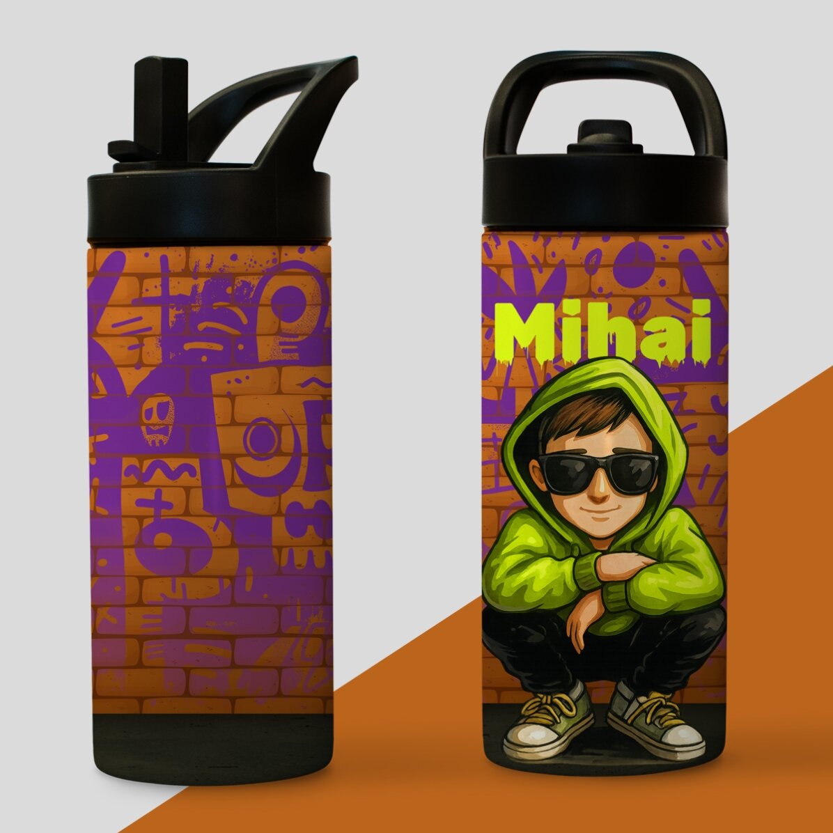 Thermoskanne mit Griff und personalisiertem Strohhalm mit Namen – Graffiti