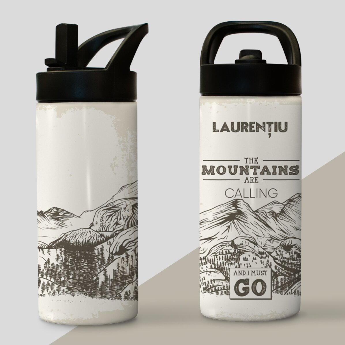 Thermoskanne mit Griff und personalisiertem Strohhalm mit Namen – Mountains are calling