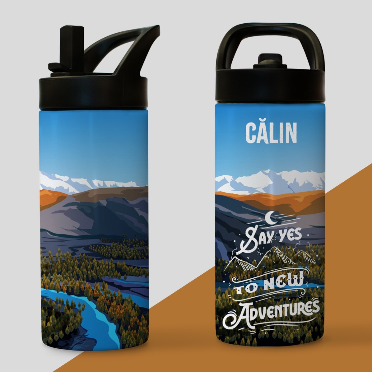 Thermosflasche mit Griff und personalisiertem Strohhalm mit Namen – New Adventures