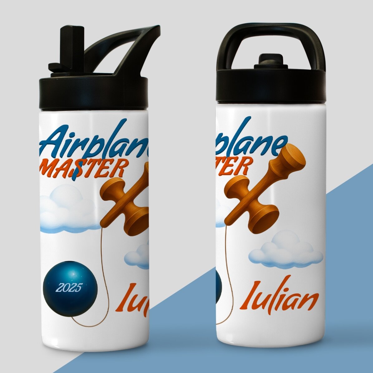 Thermosflasche mit Griff und personalisiertem Strohhalm mit Namen für Kinder – Airplane Master
