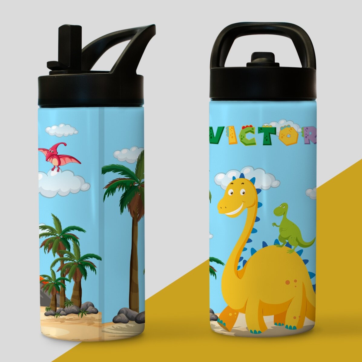 Thermosflasche mit Griff und personalisiertem Strohhalm für Kinder – Dino