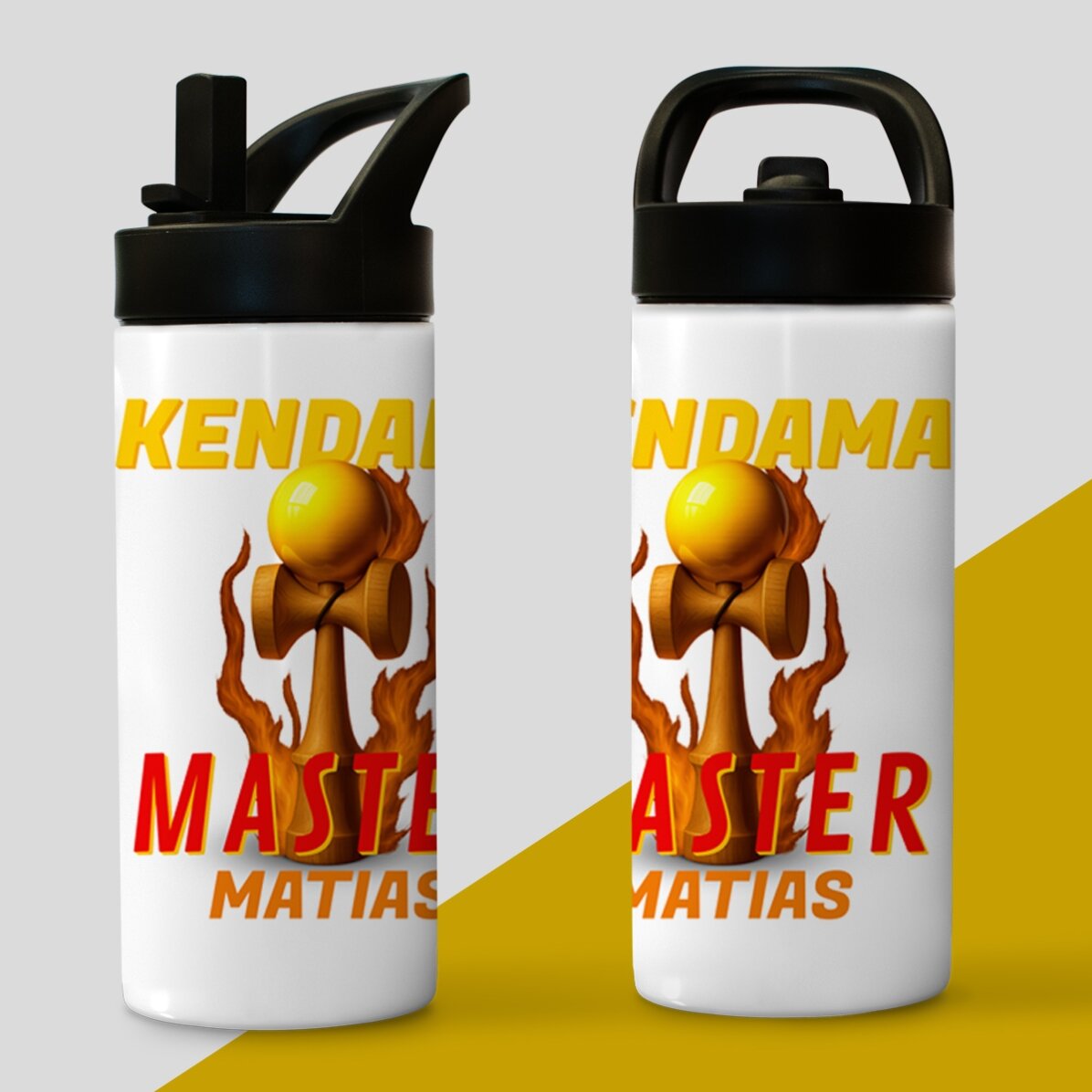 Thermosflasche mit Griff und personalisiertem Strohhalm mit Namen für Kinder – Kendama Master