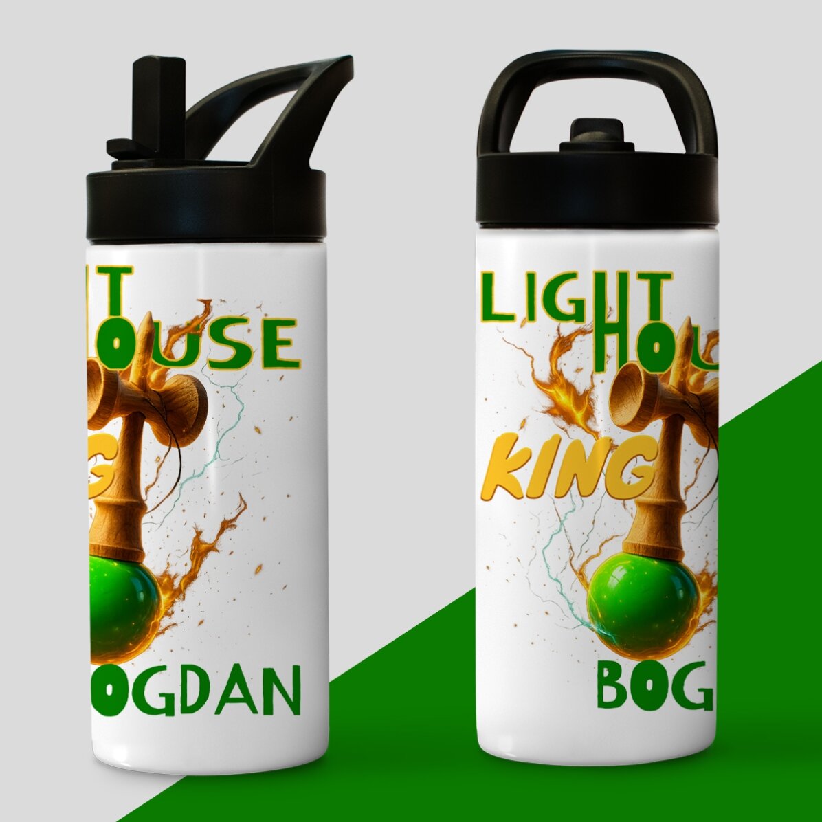 Thermosflasche mit Griff und personalisiertem Strohhalm für Kinder – Lighthouse King