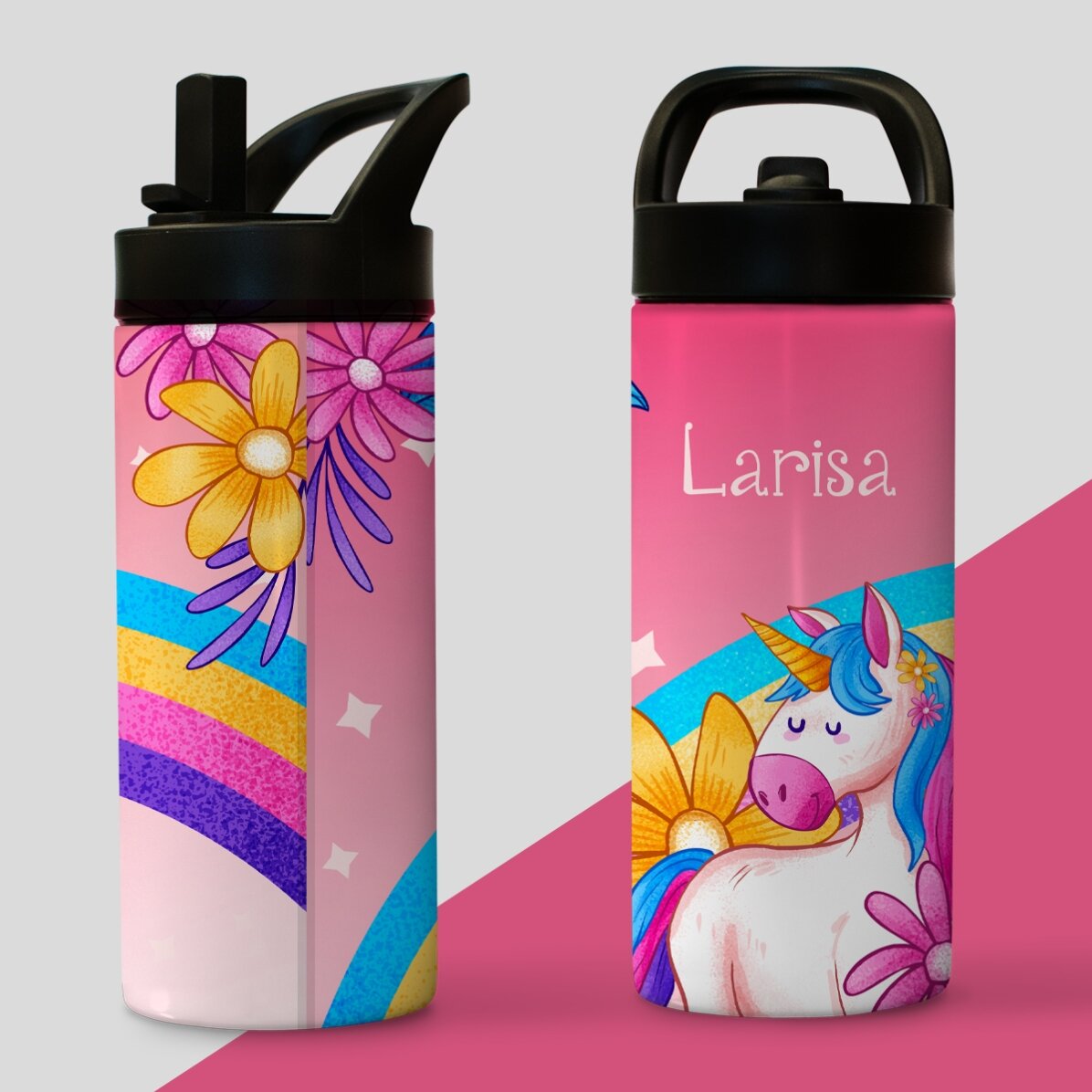 Thermosflasche mit Griff und personalisiertem Strohhalm für Kinder – Einhorn