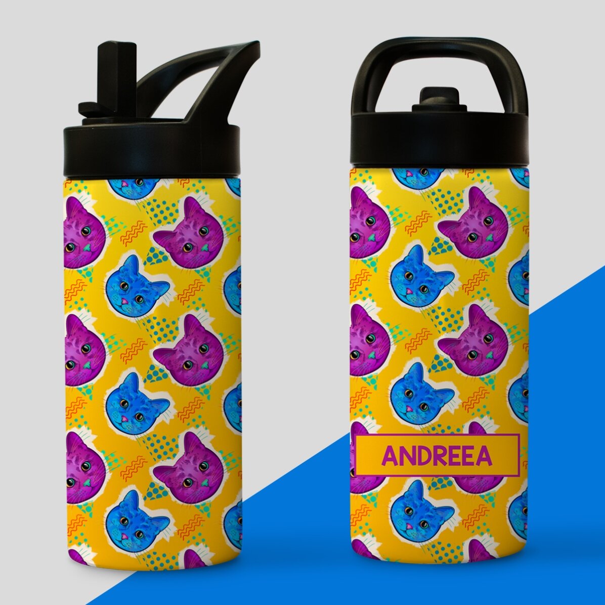 Thermosflasche mit Griff und personalisiertem Strohhalm – Bunte Kätzchen