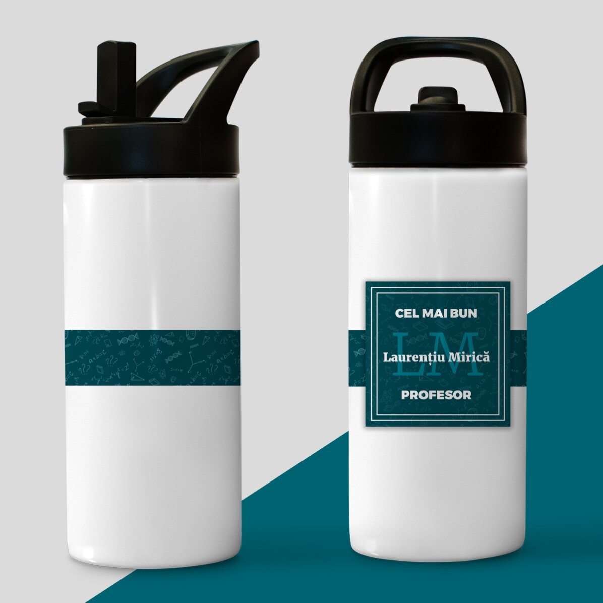 Thermoskanne mit Griff und Strohhalm, personalisiert mit Namen und Initialen – Der beste Lehrer