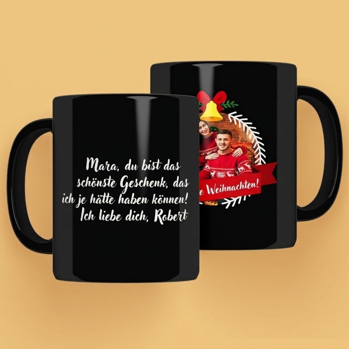 Personalisierte schwarze Tasse mit Foto und Text – Merry Christmas