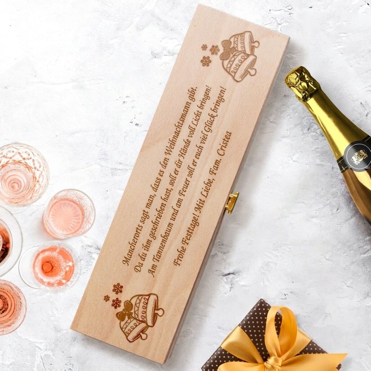 Personalisierte Sektverpackung mit Weihnachtsbotschaft