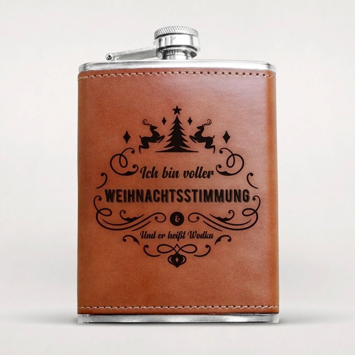 Personalisierte, mit Leder ummantelte Taschenflasche – Holiday Spirit