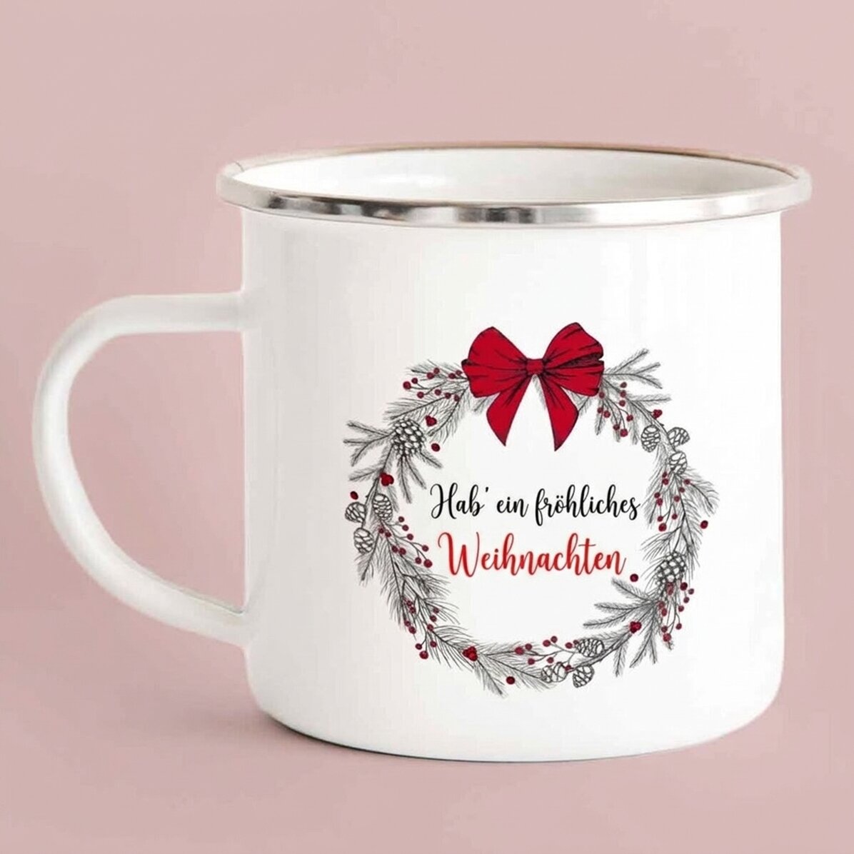 Emaillierter Metallbecher mit Aufdruck – Jolly Christmas