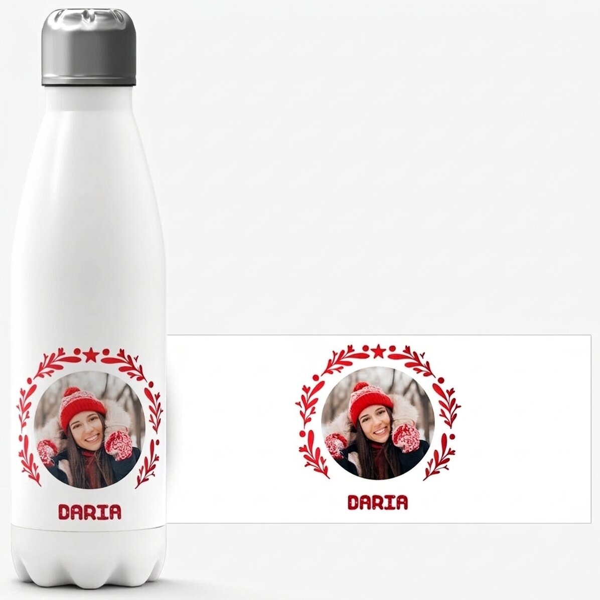 Thermoskanne mit weißem Boden, individuell gestaltet mit Foto und Text – Weihnachtsmodell