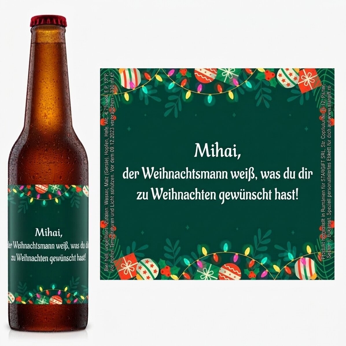 Personalisiertes Bier mit Text – grüner Hintergrund