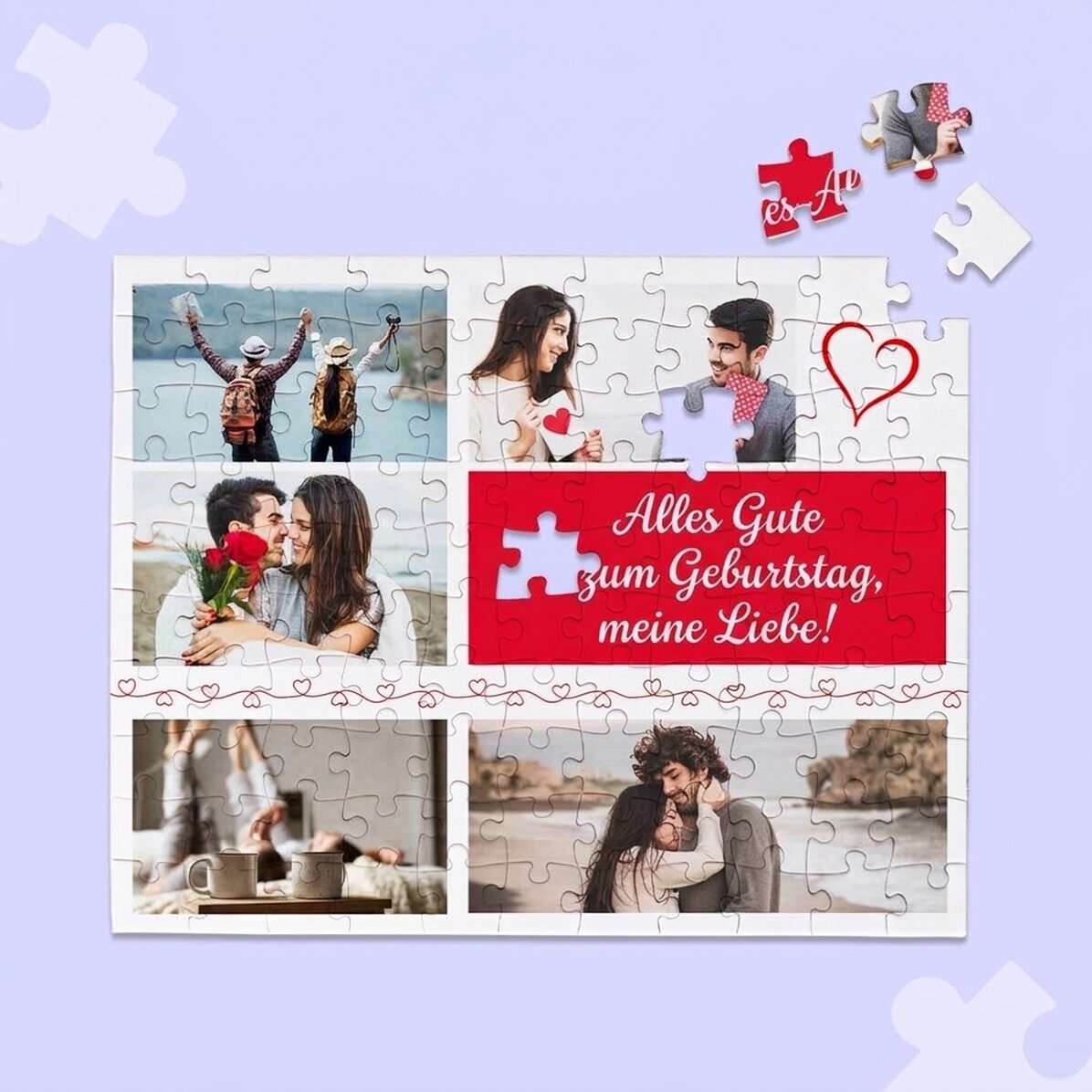 Individuell gestaltetes Puzzle mit 5 Fotos und Text, 24 x 19 cm – Hearts