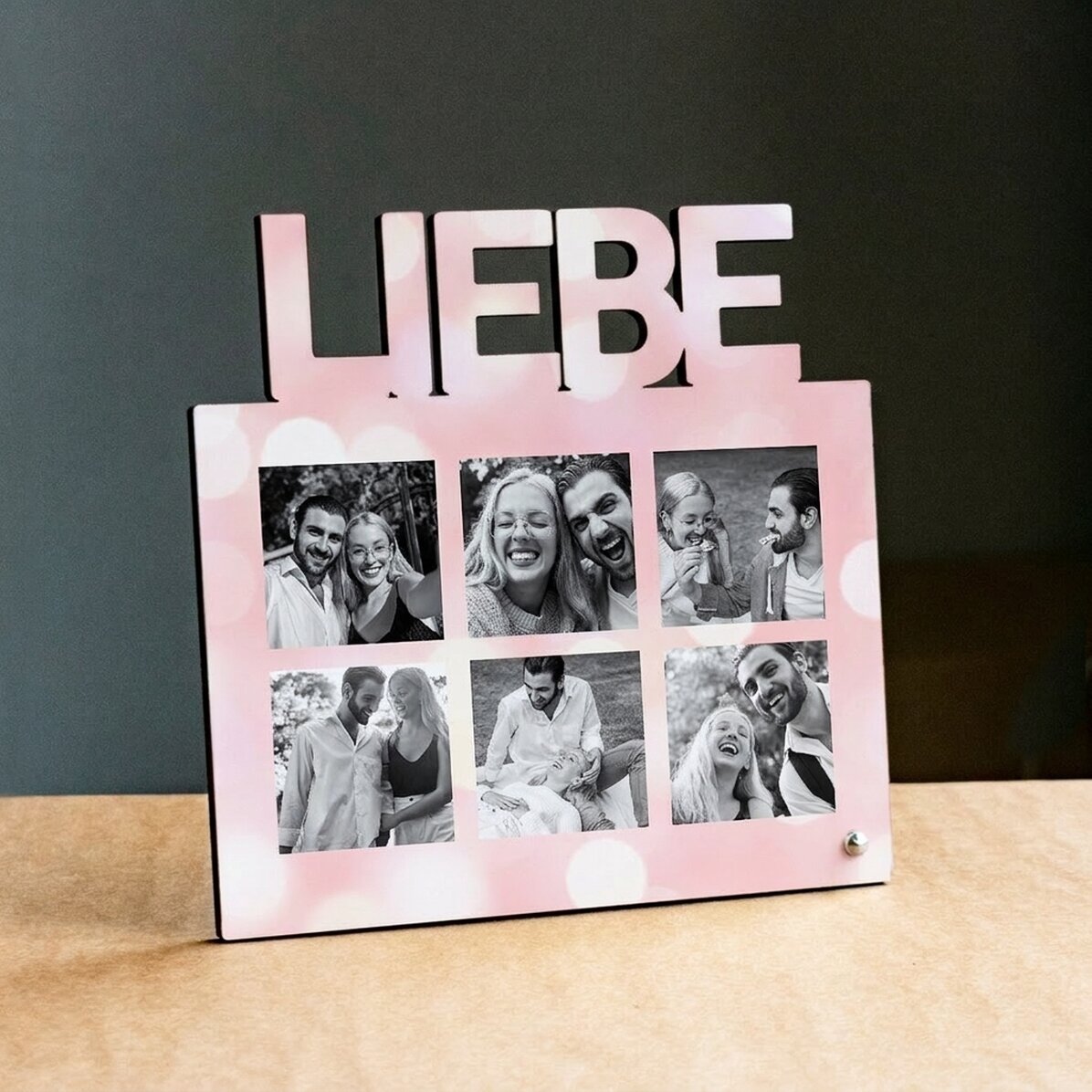 Personalisierter Fotorahmen für den Schreibtisch mit 6 Fotos – Modell LOVE