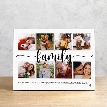 Personalisierter Fotorahmen für den Schreibtisch mit 8 Fotos und Text – Familie