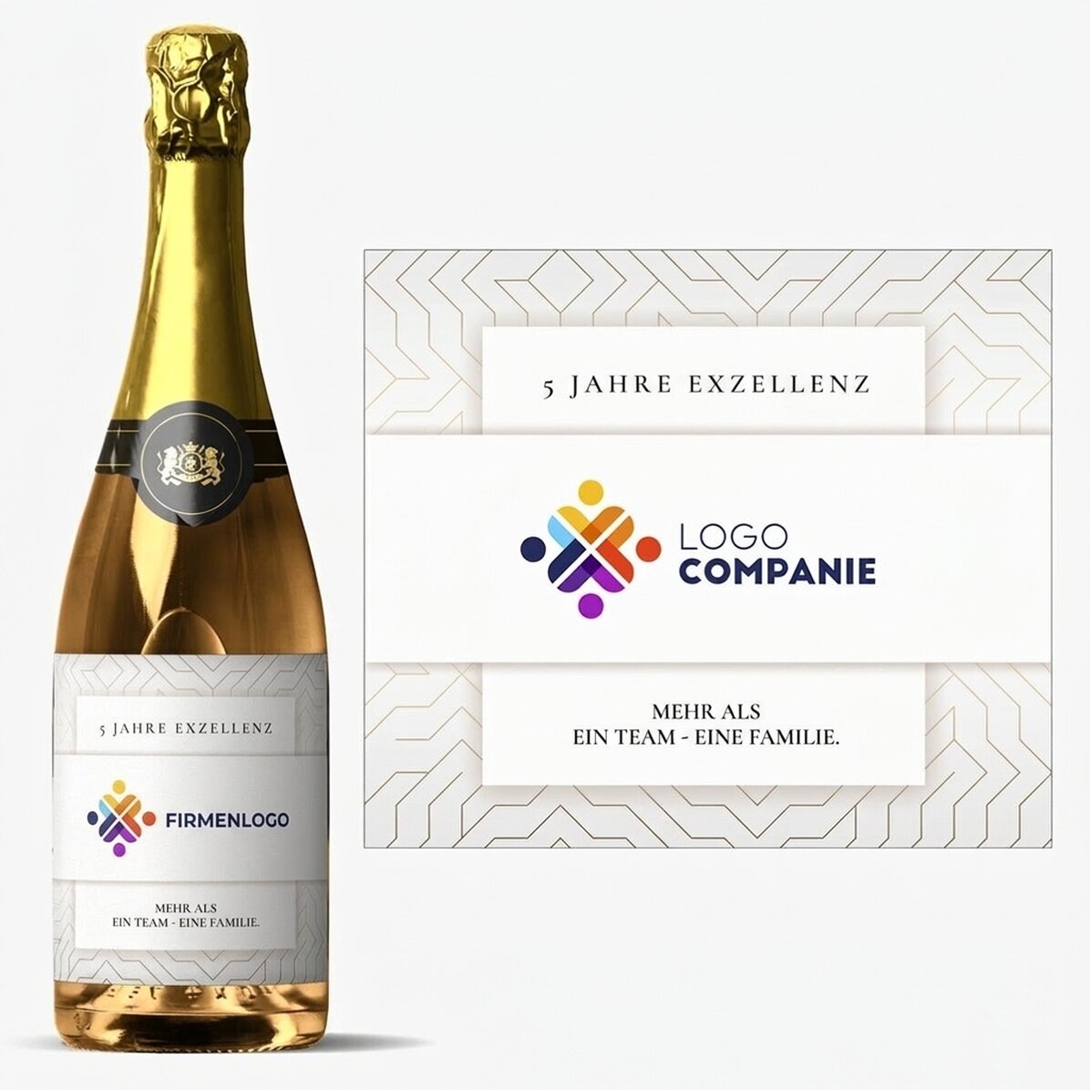 Personalisierter Sekt mit Text, Variante „White“ – Markenjubiläum