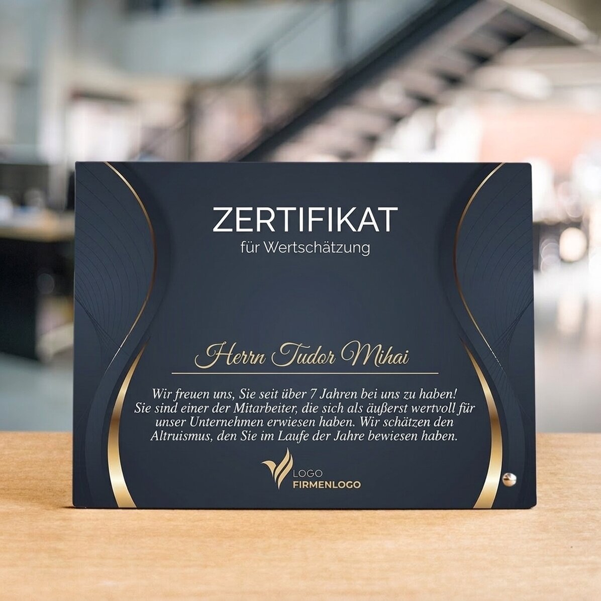 Personalisierter Fotorahmen für den Schreibtisch mit Logo und Text – Anerkennungsurkunde